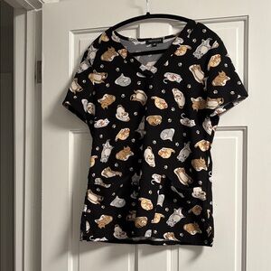 Black Cat Print Scrub Top